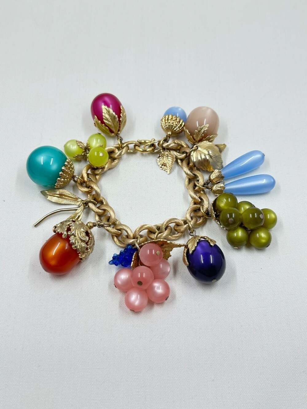 Vintage Napier Gold Tone Lucite Moonglow 'Tropicana' Fruit Salad Charm Bracelet